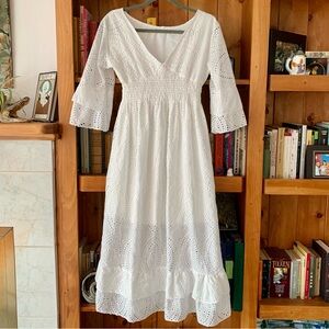 White Cotten Ruffled Embroidered Eyelet Summer Dress